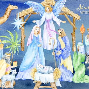 以下が含まれることがあります： 青い背景に水彩で描かれたクリスマスの場面。場面には、マリア、ヨセフ、飼い葉桶の中の赤ちゃんのイエス、天使、ラクダ、ロバ、羊、3人の賢者がいる。