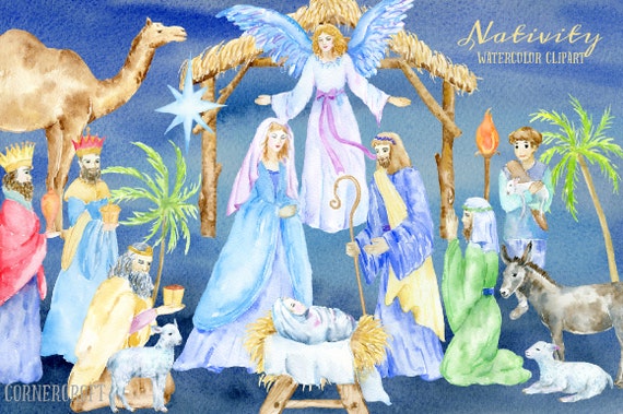 Watercolor Nativity Clipart – Mary, Joseph, Jesus, Angel (Digital Download)