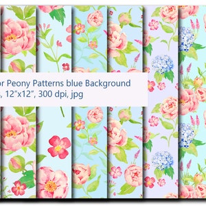 Watercolor peony and hydrangea pattern blue theme digital background instant download
