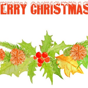 Puede incluir: Una ilustraci&oacute;n de acuarela de una guirnalda navide&ntilde;a festiva con hojas de acebo verdes, bayas rojas, ramas de pino, pi&ntilde;as marrones y hojas amarillas. El texto "Merry Christmas" est&aacute; escrito en letras rojas en la parte superior de la imagen.