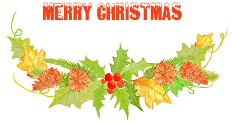 Puede incluir: Una ilustraci&oacute;n de acuarela de una guirnalda navide&ntilde;a festiva con hojas de acebo verdes, bayas rojas, ramas de pino, pi&ntilde;as marrones y hojas amarillas. El texto "Merry Christmas" est&aacute; escrito en letras rojas en la parte superior de la imagen.
