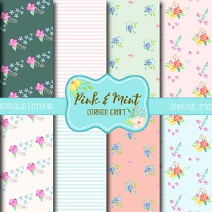 Watercolor Digital Paper Pink and Mint,  watercolor background, floral pattern, digital pattern for instant download