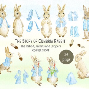 May include: A set of 24 digital illustrations featuring a brown rabbit wearing a blue jacket and slippers. The rabbit is shown in various poses, including standing, sitting, and holding a carrot. The illustrations are perfect for creating children's books, greeting cards, or other creative projects.