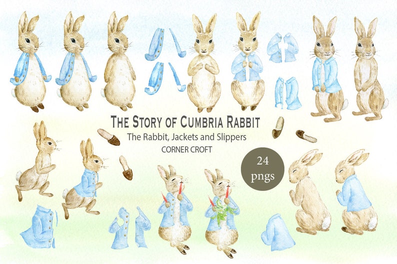 May include: A set of 24 digital illustrations featuring a brown rabbit wearing a blue jacket and slippers. The rabbit is shown in various poses, including standing, sitting, and holding a carrot. The illustrations are perfect for creating children's books, greeting cards, or other creative projects.