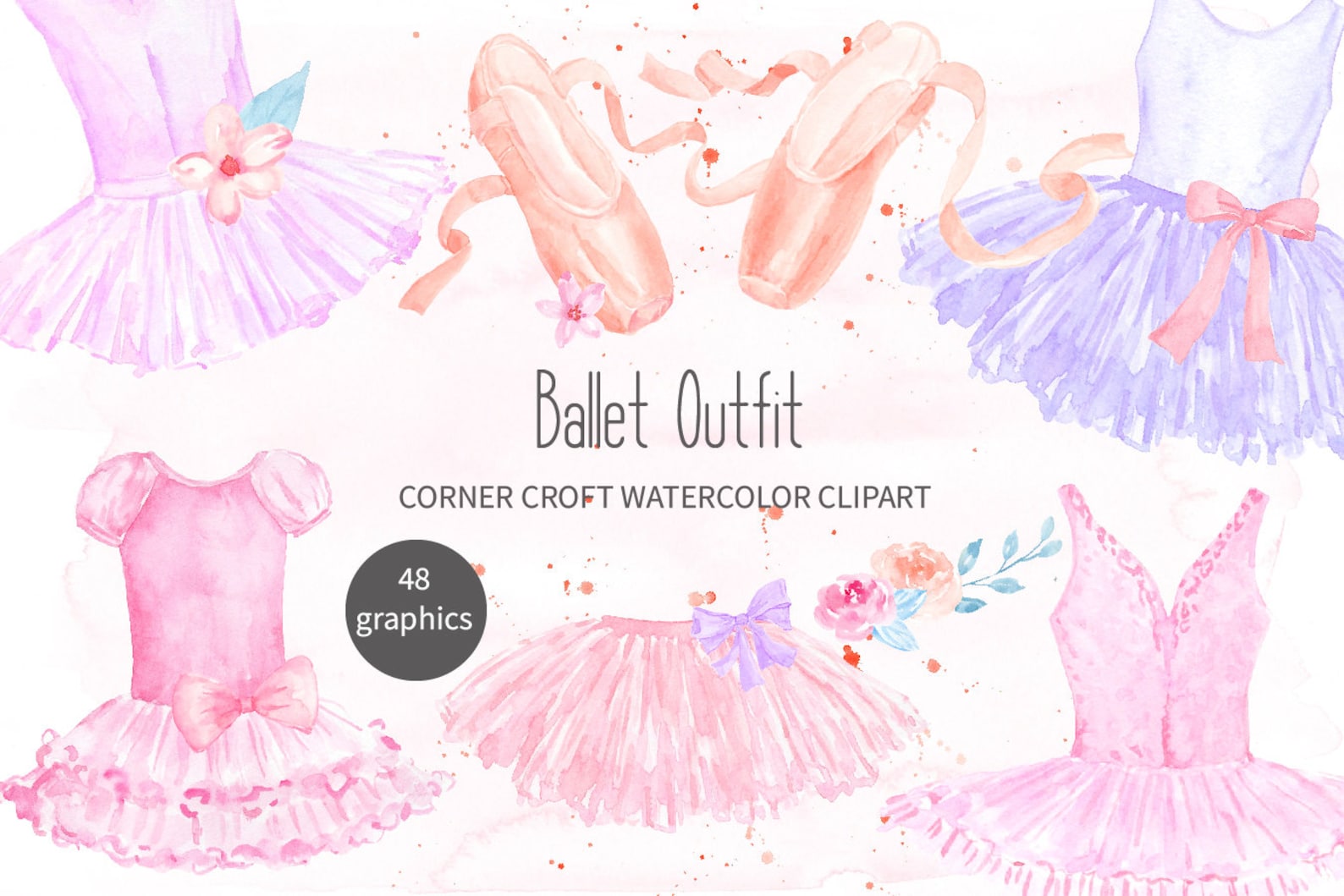 watercolor ballet outfit clipart, ballet shoes, ballet costume, ballet dress, tutu, instant download