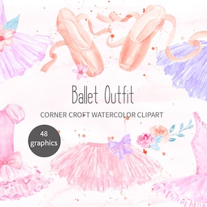 Watercolor Ballet Outfit Clipart, chaussures de ballet, costume de ballet, robe de ballet, tutu, téléchargement instantané