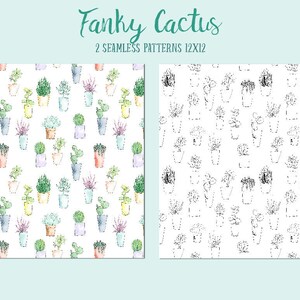 May include: Two seamless patterns featuring hand-drawn illustrations of potted cacti and succulents. The first pattern is in color with a watercolor style, while the second pattern is in black and white.
