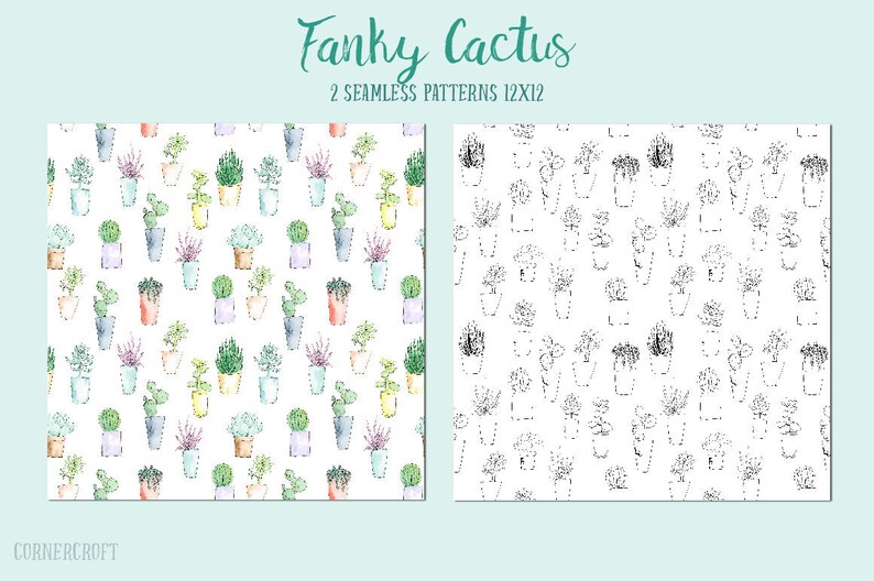 May include: Two seamless patterns featuring hand-drawn illustrations of potted cacti and succulents. The first pattern is in color with a watercolor style, while the second pattern is in black and white.