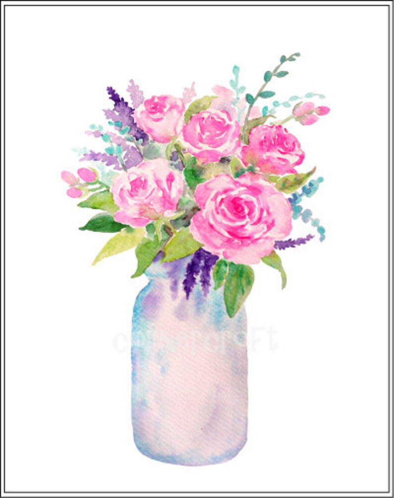 Hand Painted Watercolour Vase of Flowers Mason Jars Digital Etsy