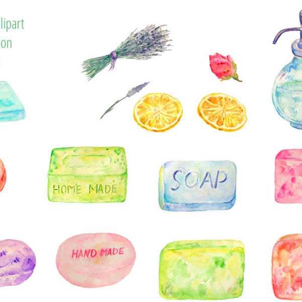 Watercolor clipart home made soap dry lanvender printable instant download for scrapbook cards invitations shop banner kitchen bathroom deco