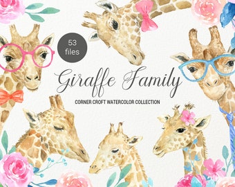 Giraffe clip art, watercolor giraffe family, funny giraffes, giraffe printable, watercolor giraffe portrait instant download