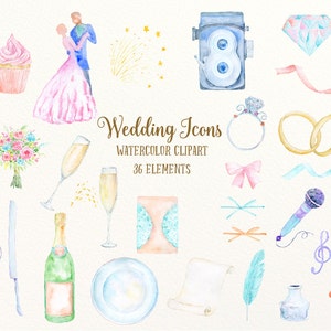 Puede incluir: Conjunto de clipart de iconos de boda en acuarela con 36 elementos. Incluye una novia y un novio bailando, una magdalena, un pastel, una c&aacute;mara, un anillo, un ramo, copas de champ&aacute;n, una botella de champ&aacute;n, un tenedor, un cuchillo, una cuchara, una pluma, un rollo, un plato, un micr&oacute;fono, notas musicales, un lazo, una cinta, un diamante, un frasco, y m&aacute;s.