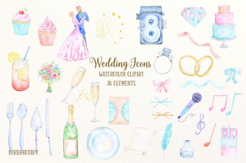 Puede incluir: Conjunto de clipart de iconos de boda en acuarela con 36 elementos. Incluye una novia y un novio bailando, una magdalena, un pastel, una c&aacute;mara, un anillo, un ramo, copas de champ&aacute;n, una botella de champ&aacute;n, un tenedor, un cuchillo, una cuchara, una pluma, un rollo, un plato, un micr&oacute;fono, notas musicales, un lazo, una cinta, un diamante, un frasco, y m&aacute;s.