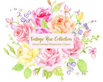 Watercolor Vintage Rose Clipart, Hand Painted Floral Collection (Instant Download)