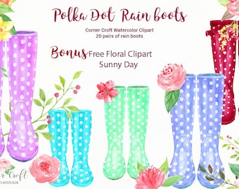 Watercolor Polka Dot Rain Boots Clipart – Rubber Boots, Floral Bonus (Digital Download)