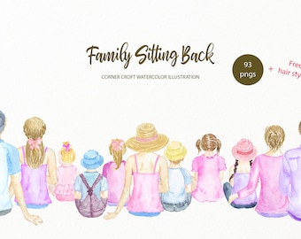 Family Sitting Back Watercolor Illustration for making personalised Prints instant download
