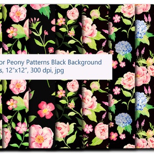 Watercolor peony and hydrangea pattern black theme digital background instant download
