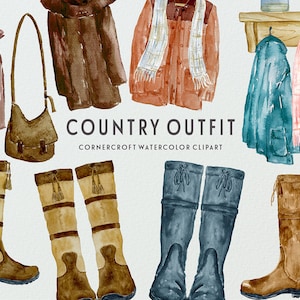 May include: Watercolor clipart set of country outfit items, including a brown jacket, a red jacket, a blue jacket, a brown bag, a brown scarf, a pink scarf, brown boots, blue boots, and brown boots. The text "COUNTRY OUTFIT" and "CORNERCROFT WATERCOLOR CLIPART" is included in the image.