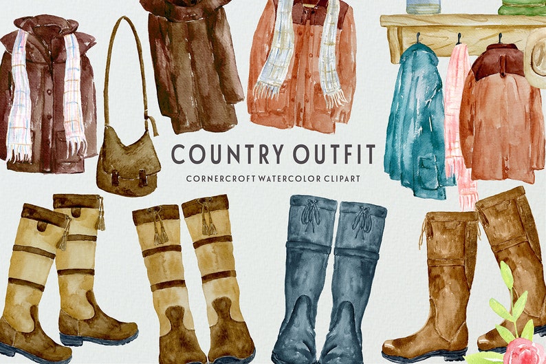 May include: Watercolor clipart set of country outfit items, including a brown jacket, a red jacket, a blue jacket, a brown bag, a brown scarf, a pink scarf, brown boots, blue boots, and brown boots. The text "COUNTRY OUTFIT" and "CORNERCROFT WATERCOLOR CLIPART" is included in the image.