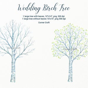 Wedding Birch Tree Watercolor Clipart large guest signing tree, bare birch tree branch, birch logs and flowers for instant download image 4