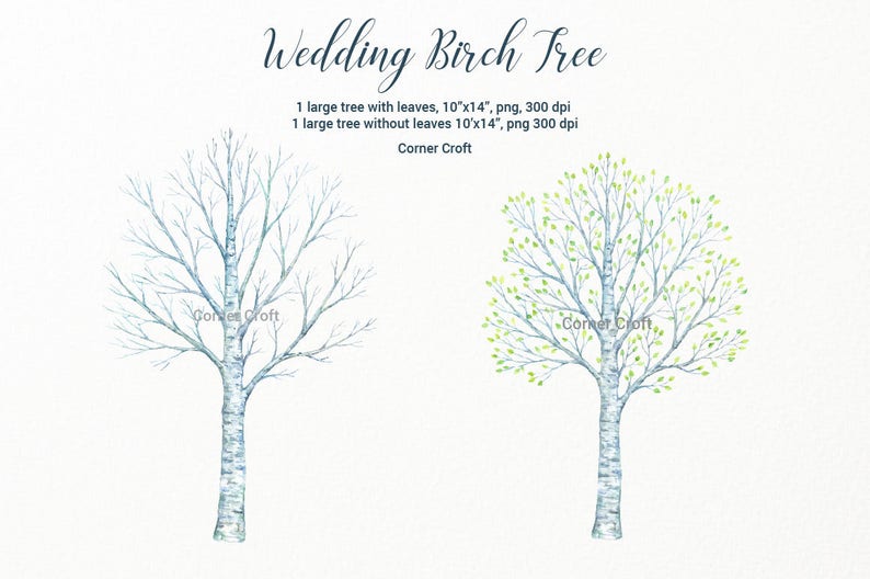 Wedding Birch Tree Watercolor Clipart large guest signing tree, bare birch tree branch, birch logs and flowers for instant download image 4