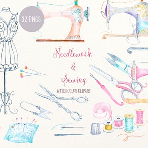Watercolor Clip Art Needdlework and Sewing, vintage sewing machine, dressmaking mannequin, scissors for instant download scrapbook