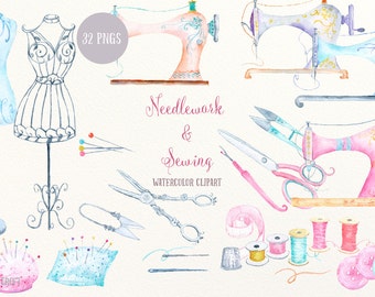 Watercolor Clip Art Needdlework and Sewing, vintage sewing machine, dressmaking mannequin, scissors for instant download scrapbook