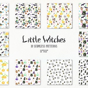 Kleine heksen digitale aquarel papier, aquarel jongens en meisjes in halloween kostuums, kleine heks patronen, naadloze patronen