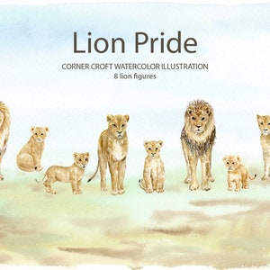 May include: Watercolor illustration of a lion pride with eight figures. The lions are depicted in various poses, including standing, sitting, and lying down. The illustration is set against a light blue background with a light brown ground.