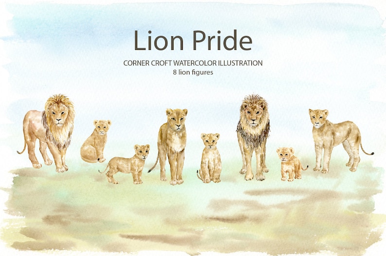 May include: Watercolor illustration of a lion pride with eight figures. The lions are depicted in various poses, including standing, sitting, and lying down. The illustration is set against a light blue background with a light brown ground.