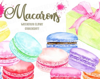 Aquarelle Clipart Macarons - macarons de couleur pastel, macarons au chocolat, coffrets cadeaux, texture aquarelle pour téléchargement immédiat