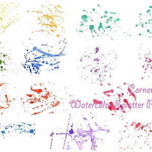 May include: A set of 12 watercolor splatter patterns in various colors, including yellow, orange, green, blue, purple, and red. The patterns are arranged in a grid and are labeled "Corner Croft Watercolor Splatter Patterns".