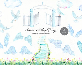 Heaven and Angel&#39;s Wings, watercolor clipart, heaven, clouds, doves, wings and sun, religious clipart for instant download