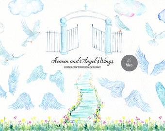 Heaven and Angel's Wings, watercolor clipart, heaven, clouds, doves, wings and sun, religious clipart for instant download