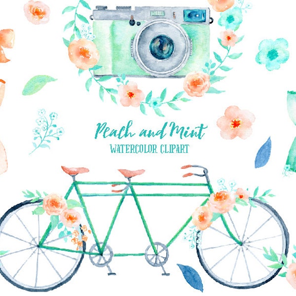 Aquarelle de mariage Clipart pêche et menthe pour téléchargement immédiat