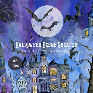 Watercolor Halloween Scene Creator of Haunted houses, castles and churches