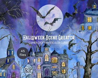 Watercolor Halloween Scene Creator of Haunted houses, castles and churches