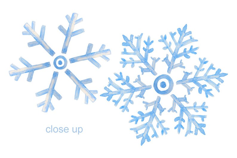 Puede incluir: Dos copos de nieve azules de acuarela con centros blancos. Los copos de nieve est&aacute;n sobre un fondo blanco. El texto "close up" est&aacute; escrito debajo de los copos de nieve.
