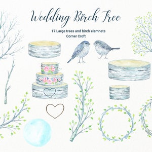 Wedding Birch Tree Watercolor Clipart large guest signing tree, bare birch tree branch, birch logs and flowers for instant download image 2