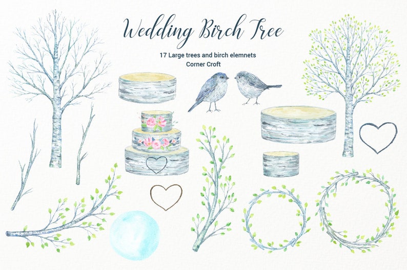 Wedding Birch Tree Watercolor Clipart large guest signing tree, bare birch tree branch, birch logs and flowers for instant download image 2