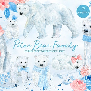 Polar Bear Family Clipart, watercolor polar bears, mum bear, dad bear and baby bear, personalised print creator, instant download