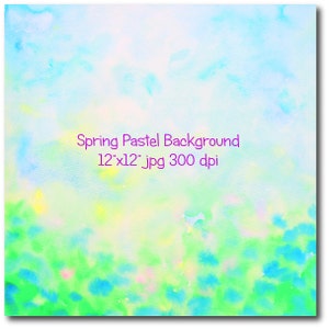 May include: A digital watercolor background image in pastel shades of blue, green, yellow, and pink. The image is 12 inches by 12 inches and has a resolution of 300 dpi. The text "Spring Pastel Background 12"x12" jpg 300 dpi" is in the center of the image.