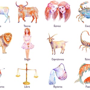 Aquarelle signes astrologiques, signes du zodiaque, animaux et figures téléchargement immédiat pour cartes de voeux, étiquettes et tatouages