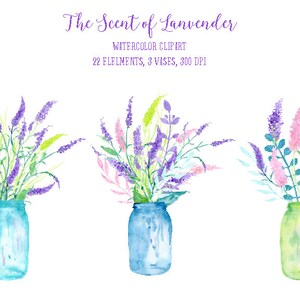 Watercolor clipart, the scent of lavender,  blue purple flowers, old mason jars, vase of flowers, printable instant download