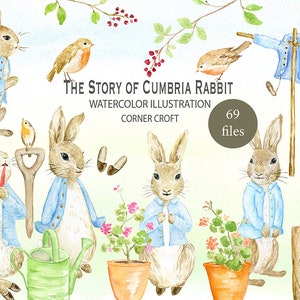 May include: Watercolor illustration set featuring a story about a rabbit named Cumbria. The set includes 69 files with images of rabbits, birds, flowers, and gardening tools.