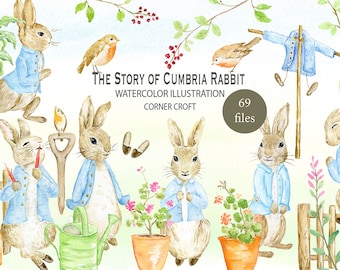 Rabbit clipart, watercolor Cumbria Rabbit illustration, watercolor clipart, personalised print creator, instant download