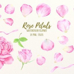 May include: Watercolor clipart featuring pink rose petals, a rose, a rose bud, leaves, and ribbons. The text "Rose Petals" and "Watercolor Clipart" are displayed. The image includes 21 PNG files.