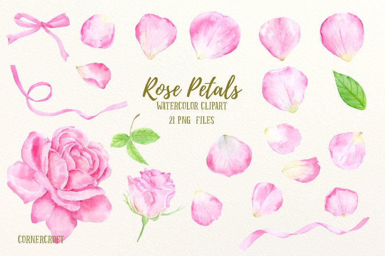 May include: Watercolor clipart featuring pink rose petals, a rose, a rose bud, leaves, and ribbons. The text "Rose Petals" and "Watercolor Clipart" are displayed. The image includes 21 PNG files.