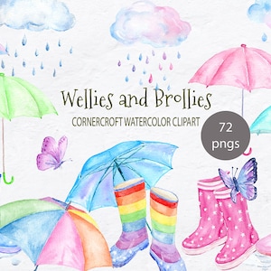 Watercolor Rain Boots Clipart, Umbrellas, Clouds (Digital Download)