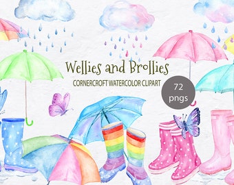 Wellies and brollies clipart, watercolor rain boots, umbrellas, clouds and rain drops, butterflies for instant download